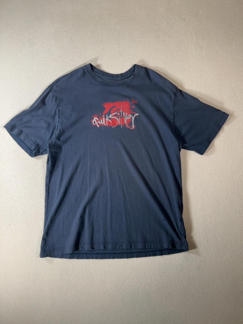 Vintage Quiksilver Distressed Graffiti Script Logo T-Shirt Blue XL